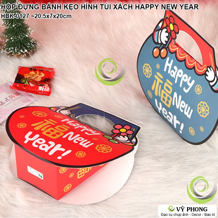 HỘP GIẤY ĐỰNG BÁNH KẸO QUÀ TẾT TRUNG THU NĂM MỚI HÌNH CHIẾC TÚI XÁCH HAPPY NEW YEAR HBK-0127