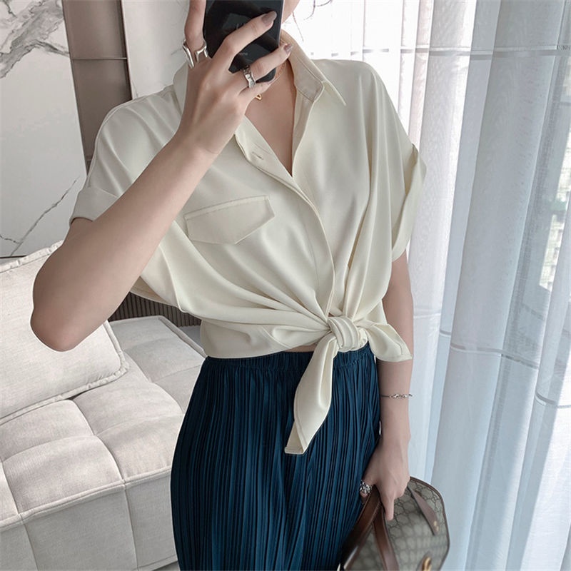 Áo Sơ Mi Chiffon Tay Ngắn Màu Trơn Dáng Rộng Phong Cách Hàn Quốc Thời Trang Mùa Hè Cho Nữ