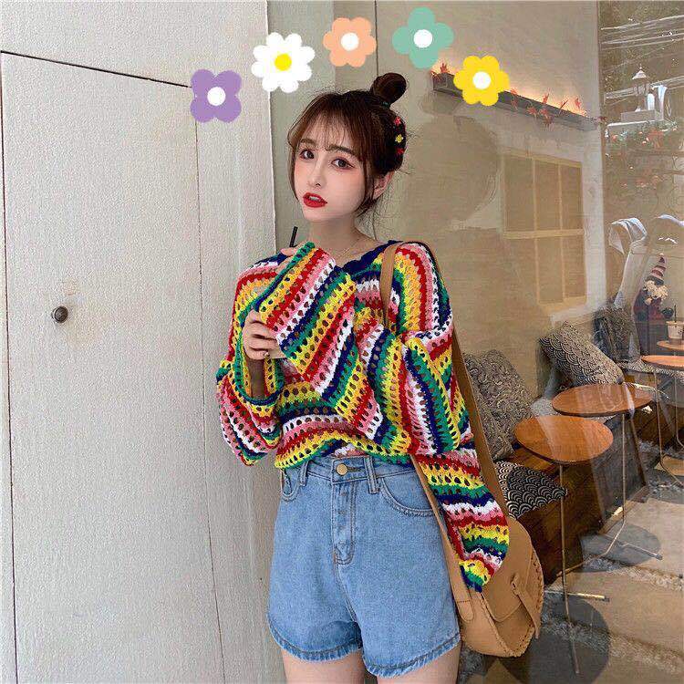 Áo Sweater Tay Dài Dáng Rộng Họa Tiết Kẻ Sọc Thời Trang Thu Đông Hàn Quốc Mới