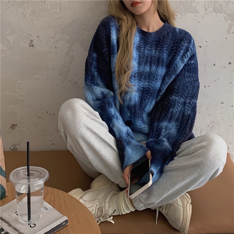 ZHELIHANGFEI Áo Sweater Dệt Kim Dáng Rộng Phối Màu Nhuộm Kiểu Retro Thời Trang