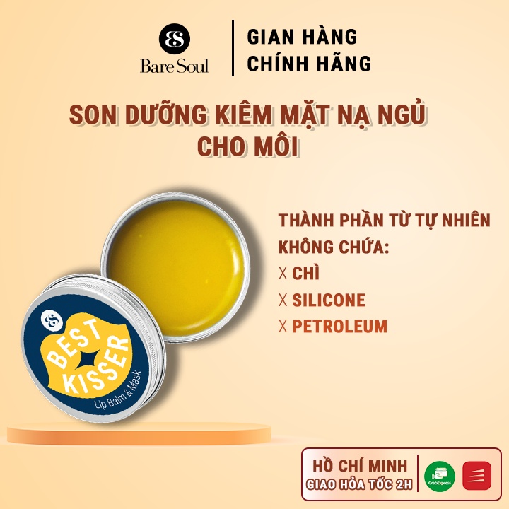 Son dưỡng môi thiên nhiên không màu kiêm mặt nạ ngủ môi giảm khô nứt nẻ BareSoul Best Kisser Lip Balm &amp; Mask 10g