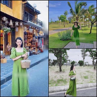 Váy maxi xanh cổ vuông tay bồng (hàng  sẵn)