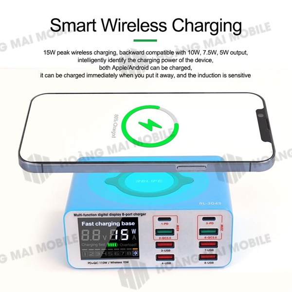 Sạc báo dòng Relife RL-304S hỗ trợ sạc nhanh, sạc không dây (8 cổng)