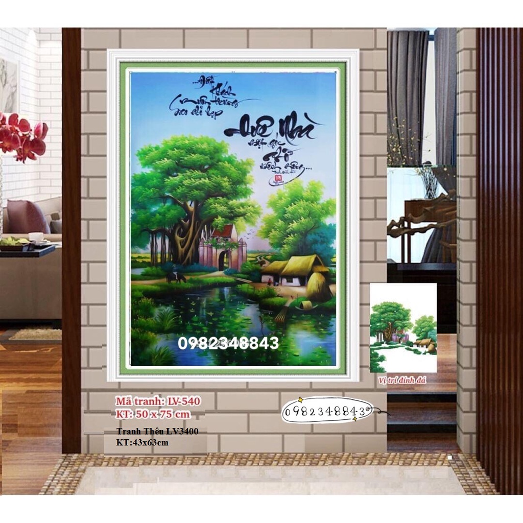Tranh đính đá đồng quê KT:50x75cm.tranh gắn đá chưa đính.