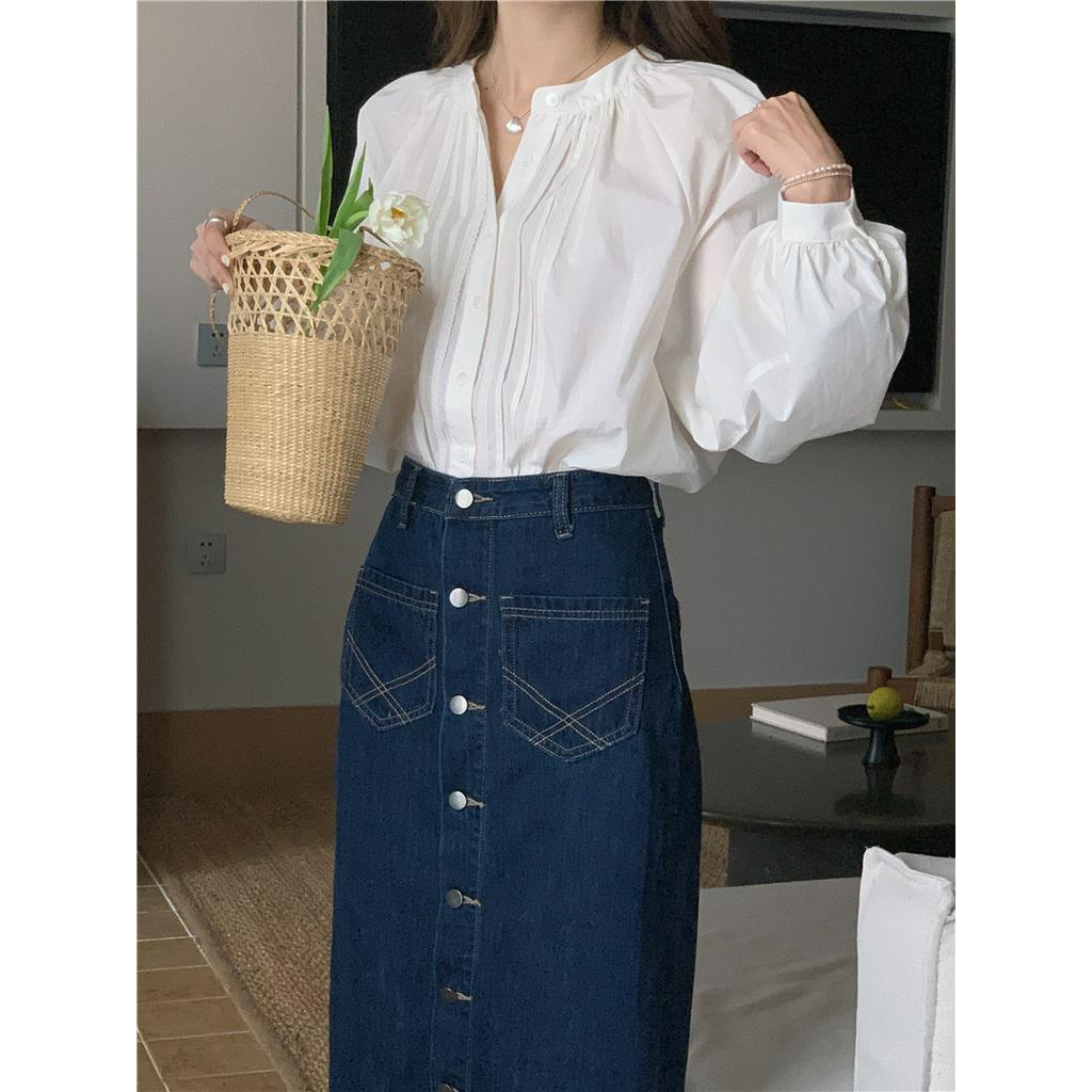 Áo Kiểu Tay Dài Cổ Tròn Xếp Ly Đơn Giản Tinh Tế 61777