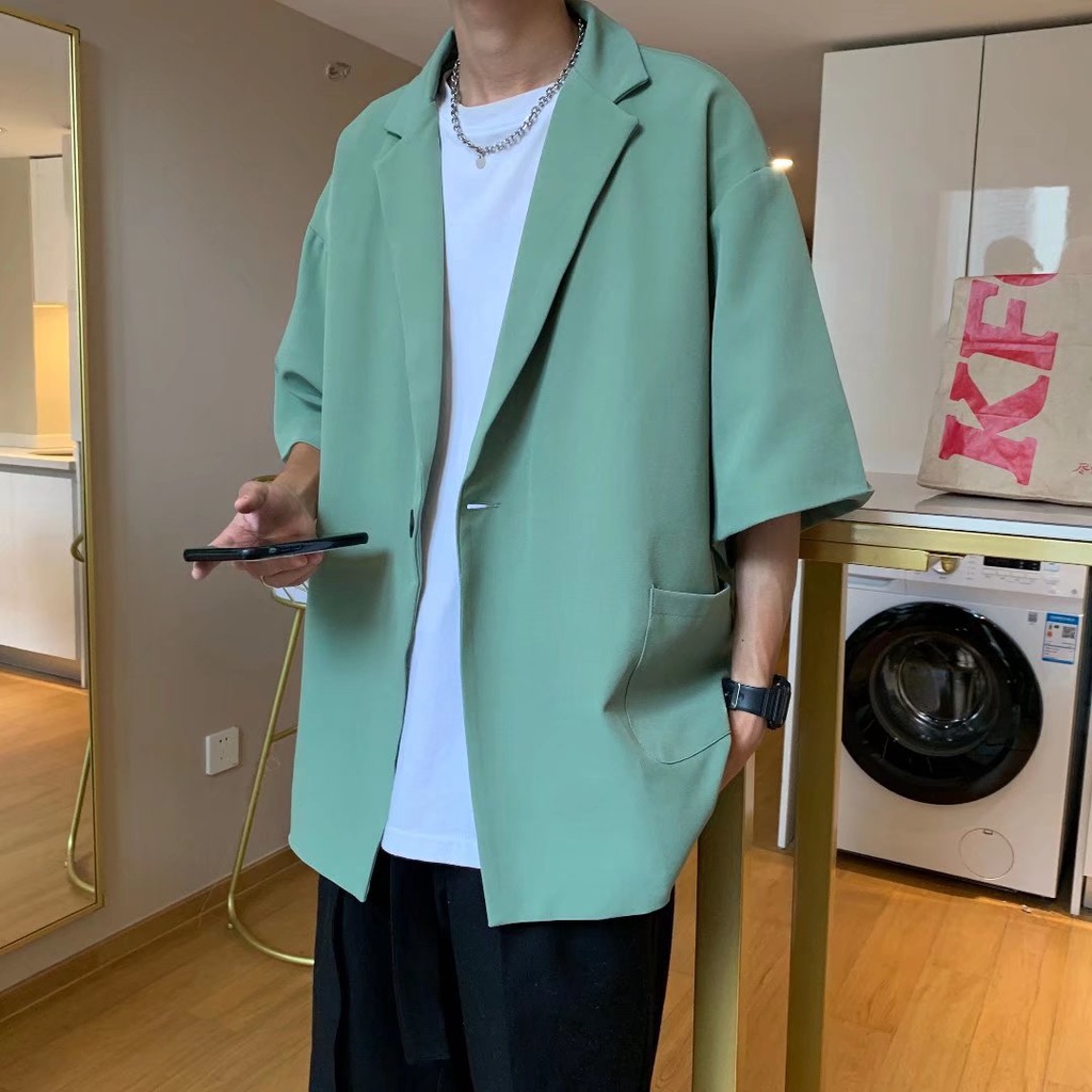 Áo Khoác Vest Tay Ngắn Dáng Rộng Màu Trơn Phong Cách Nhật Hàn Thời Trang Mùa Hè Cho Nam Size M-2XL