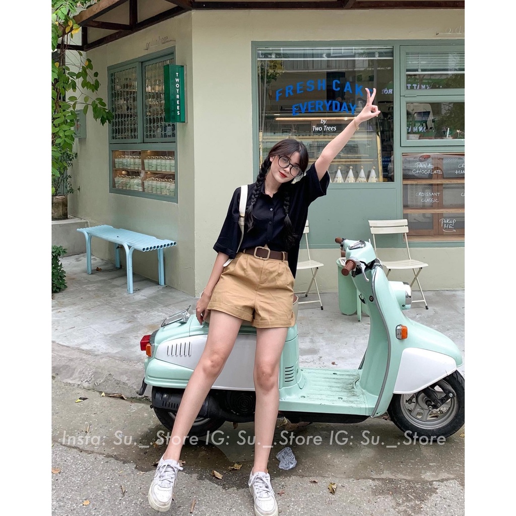 Quần sooc thô xắn gấu kèm đai Q433 SUSTORE