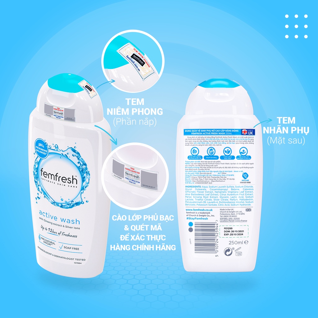 Combo Dung Dịch Vệ Sinh Phụ Nữ Femfresh Cho Người Hay Vận Động 250ml & Femfresh Dùng Hàng Ngày Daily 150ml