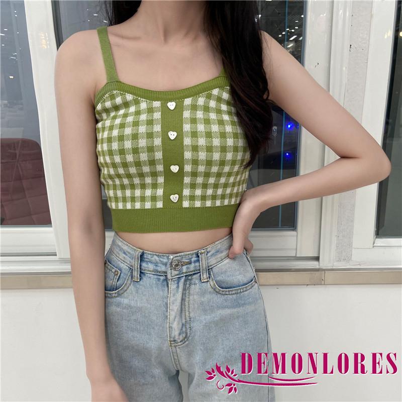 Áo croptop hai dây dệt kim có nút cài phía trước hoạ tiết kẻ sọc caro