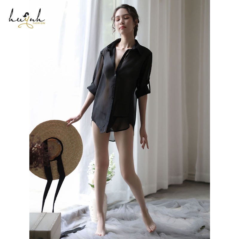 Áo Sơ Mi Ngủ Voan Dài Xuyên Thấu Kèm Quần Chíp Sexy Gợi Cảm - N36