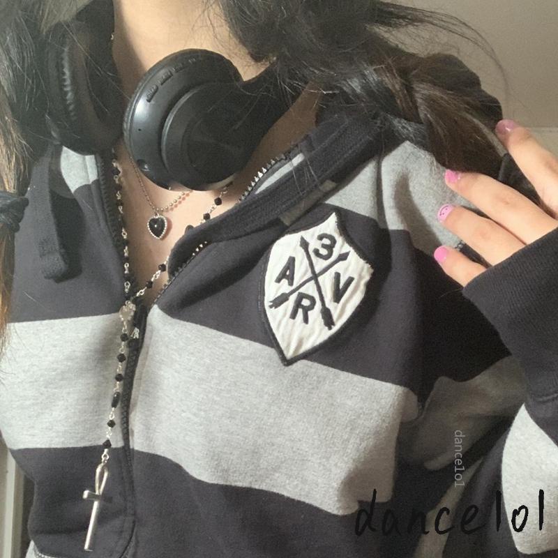 Áo Thun DàI Tay Kẻ SọC Cổ ĐiểN dance1o1 Y2K Grunge