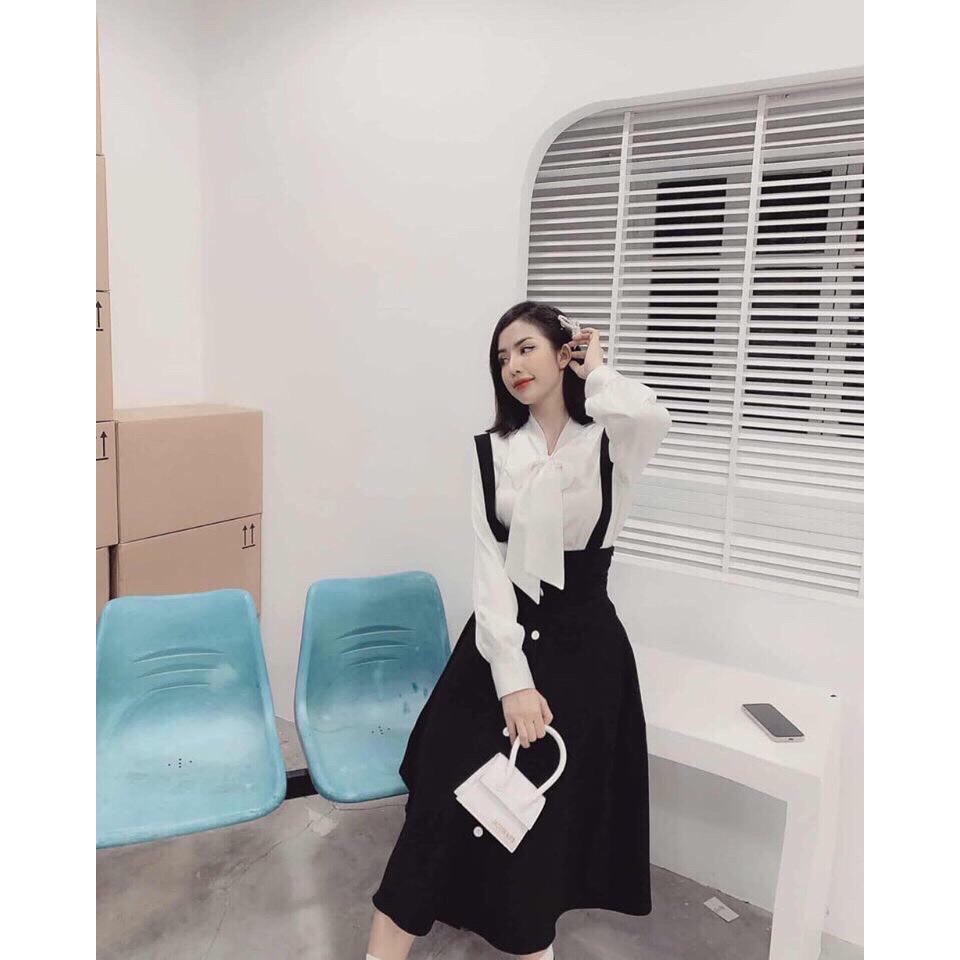 Sét đầm yếm kết hợp áo voan tay dài cổ cột nơ siêu xinh - MM.B557