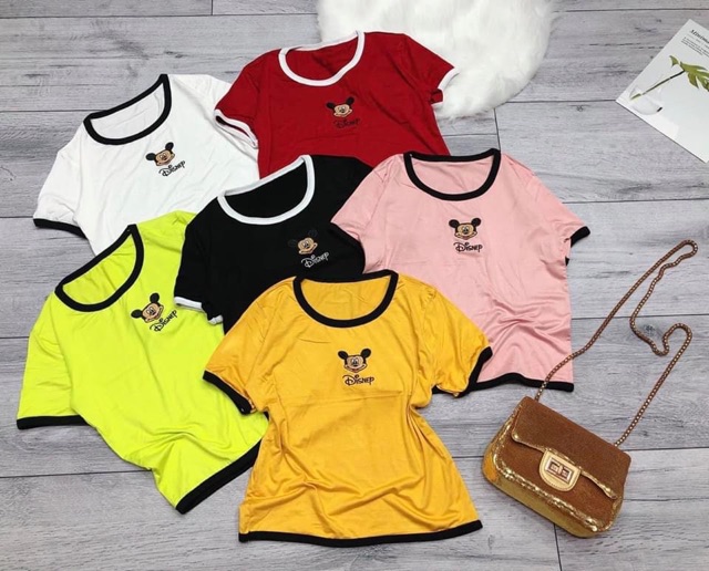 Áo Croptop body cổ tròn thêu hình #Mickey tay ngắn chạy viền