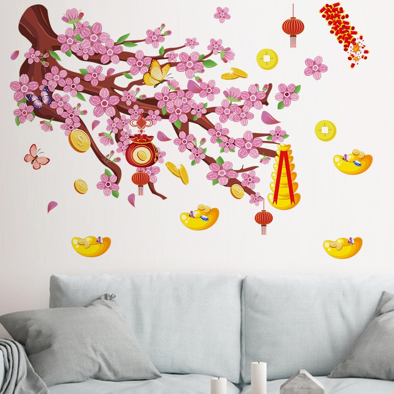 Decal tết dán tường hoa đào (chỉ dán tường không dán được kính)