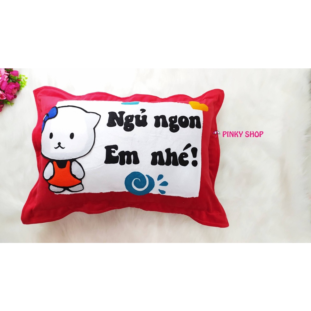 Gối handmade vải nỉ chữ nhật tặng bạn gái màu đỏ hình gấu &quot;Ngủ Ngon Em Nhé!&quot; Mã GHMG3