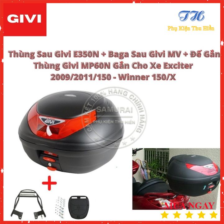 Combo Thùng Sau Givi E350N + Baga Sau Givi MV + Đế Gắn Thùng Givi MP60N Gắn Cho Xe Winner 150/X - Exciter 2009/2011/150