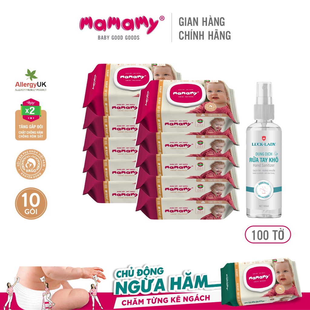 Combo 10 khăn ướt Mamamy 100 tờ/gói và 1 chai dung dịch rửa tay khô Luck Lady 100ml