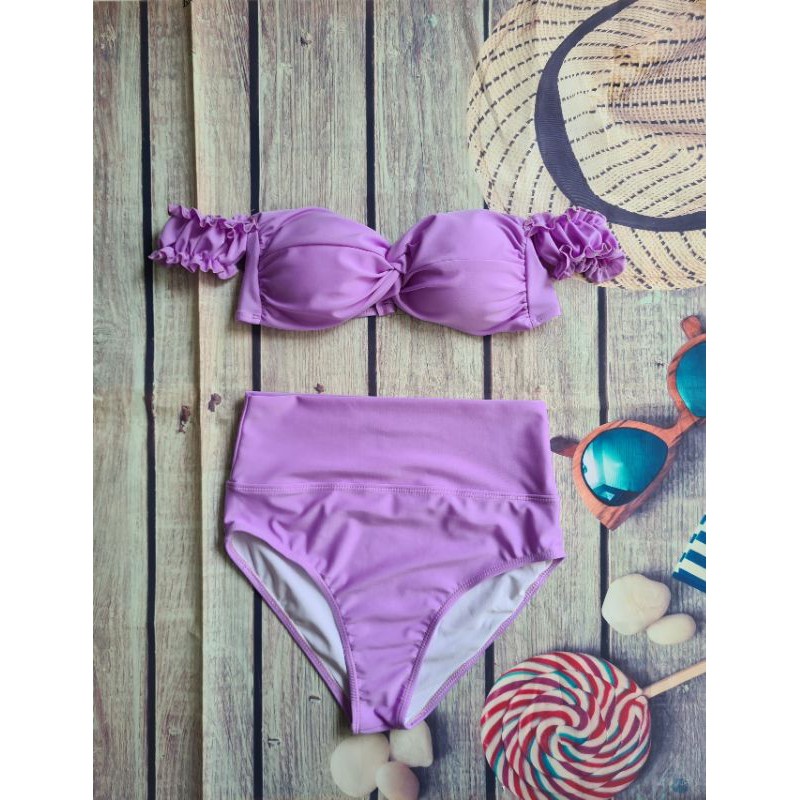 Bikini đồ bơi nữ áo xoắn ngực tay bèo quần lưng cao dễ thương (màu tím và đen) EVA TBXN