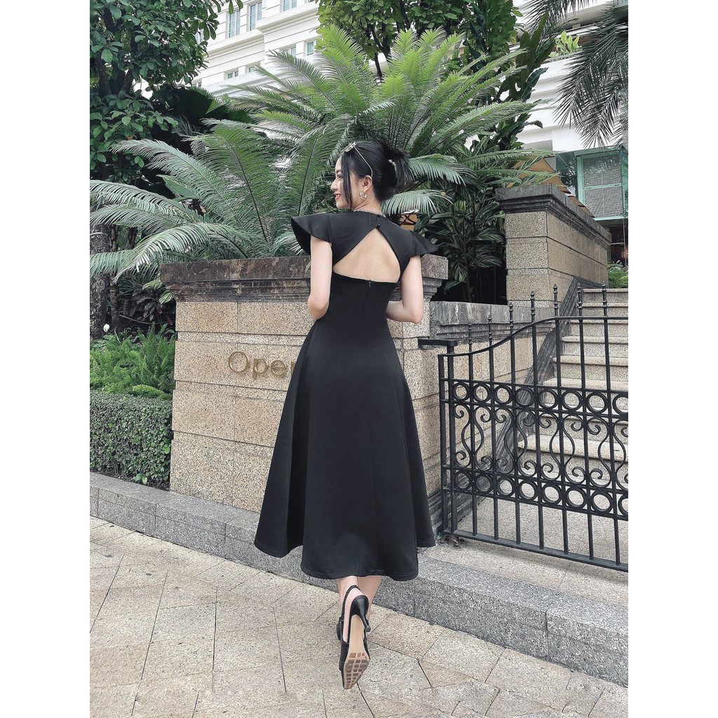 Đầm midi đen thiết kế dáng xòe, hở lưng sang chảnh