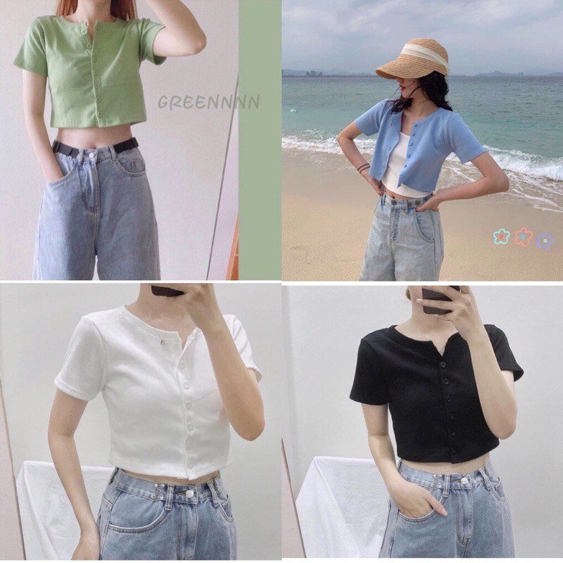 [RẺ VÔ ĐỊCH Áo Croptop Yan Cổ Tim Tay Dài Phối Khuy Unisex