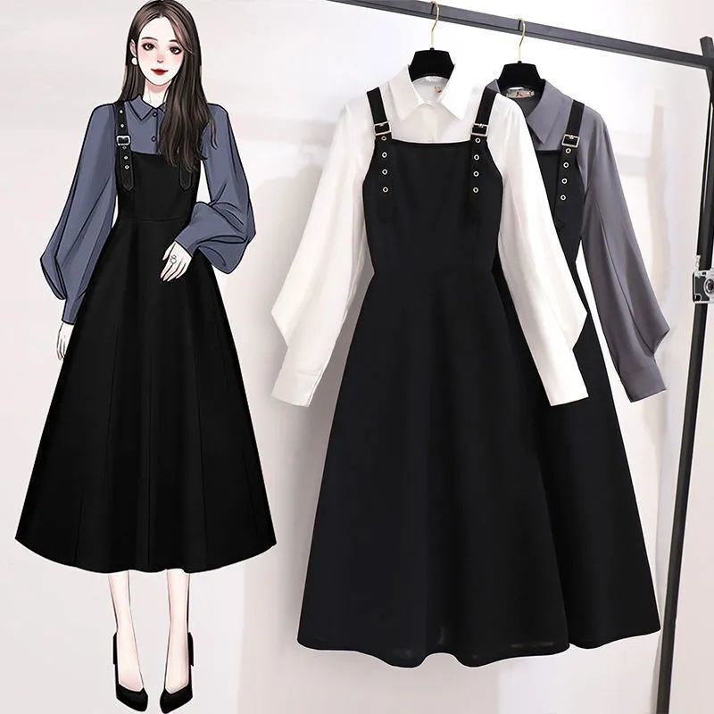 Set Đầm Yếm Ôm Dáng + Áo Sơ Mi Size Lớn Thời Trang Cho Nữ