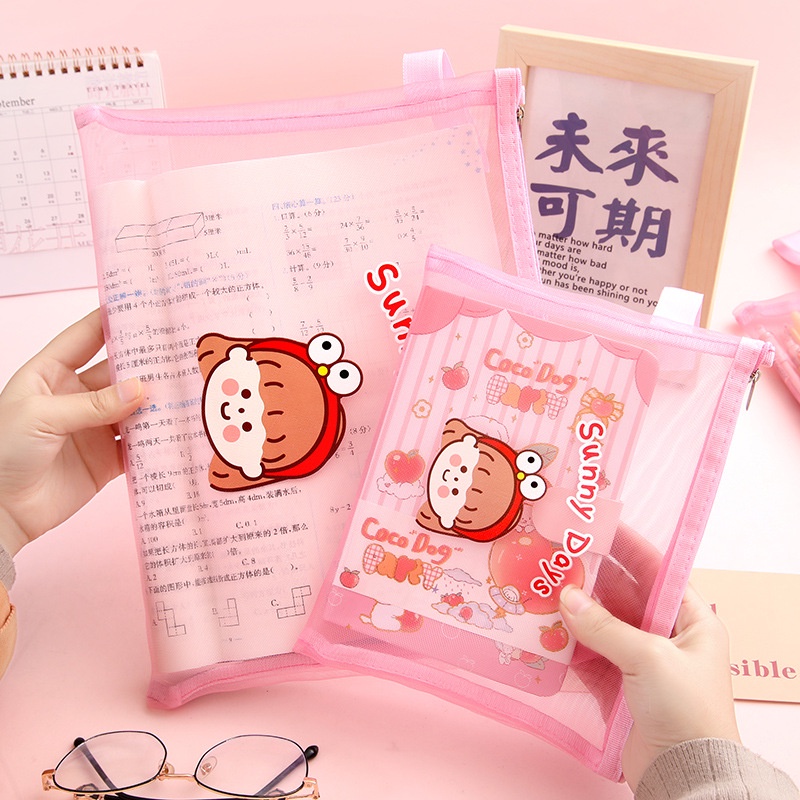 [Colorfulshop] Túi đựng bút lưới khóa dung tích lớn họa tiết đáng yêu đựng mỹ phẩm dụng cụ học tập