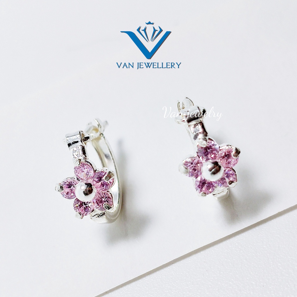 Bông tai bạc bong tai tròn sát tai nạm đá mặt hoa hồng dễ thương cho bé Van Jewelry V10039