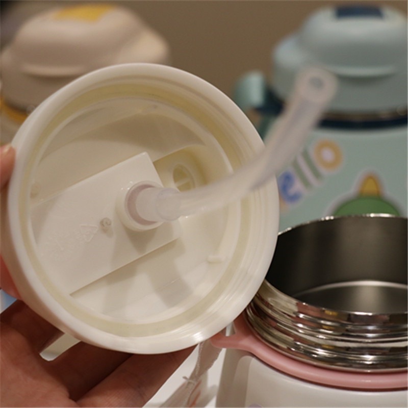 [ Có dây đeo, ống hút, sticker] Bình nước giữ nhiệt cute có sticker và ống hút - Bình giữ nhiệt 80ml cho bé inox 304 xịn