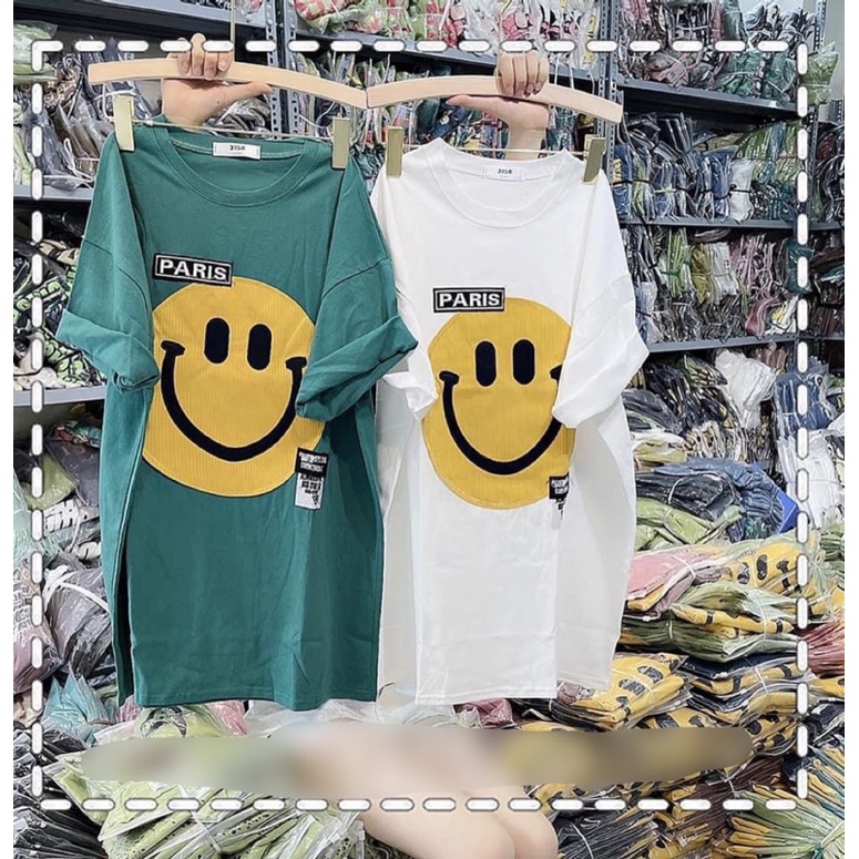 Áo phông tay lỡ hình mặt cười, áo thun form rộng cotton 3158