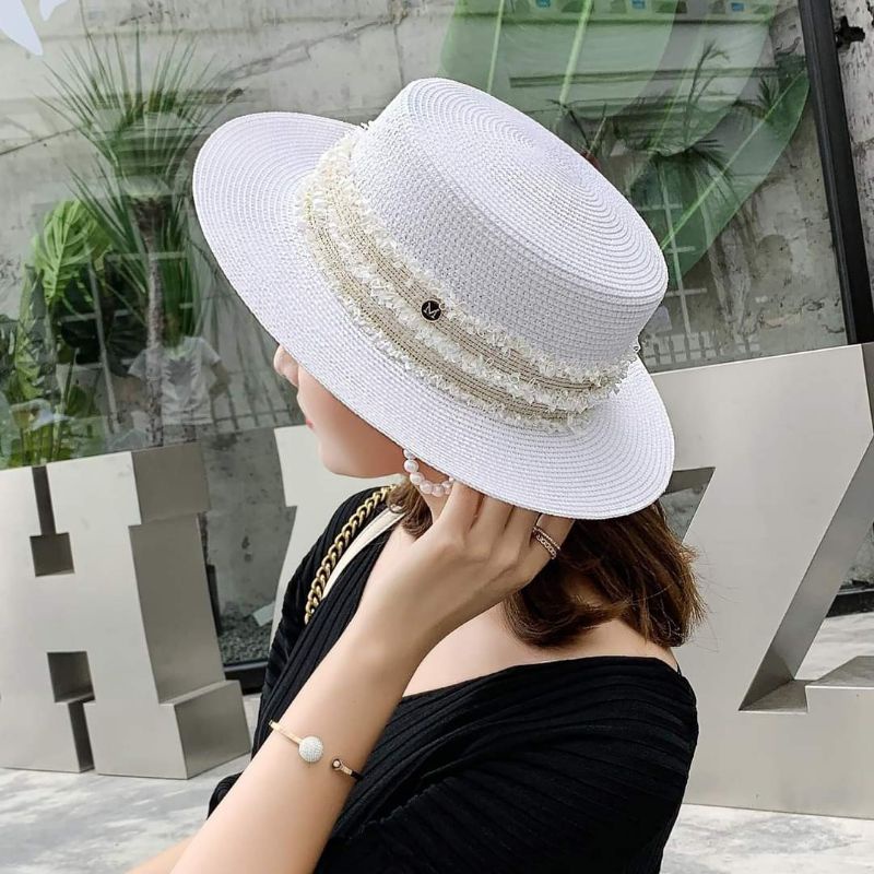 Mũ cói đi biển vành nhỏ nhiều màu đai tua rua trắng sang chảnh