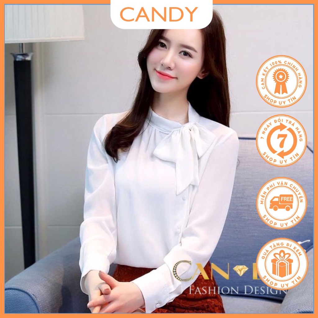 Áo Sơ Mi  Nữ Form Suông Cổ Nơ Lệch Chất Voan Tơ Cao Cấp Mát Mềm SM148 - Candy Fashion