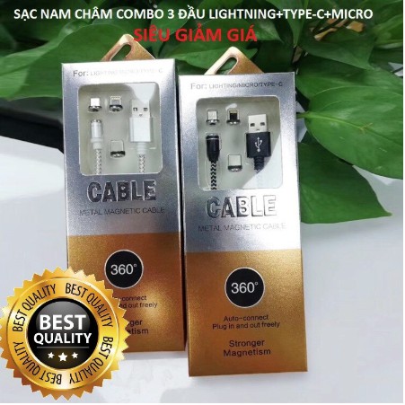 FREESHIP TỪ 50K _Cáp sạc tự hút nam châm X _Cable bộ đủ 3 đầu Iphone, micro USB, Type C xoay 360 độ dây dù