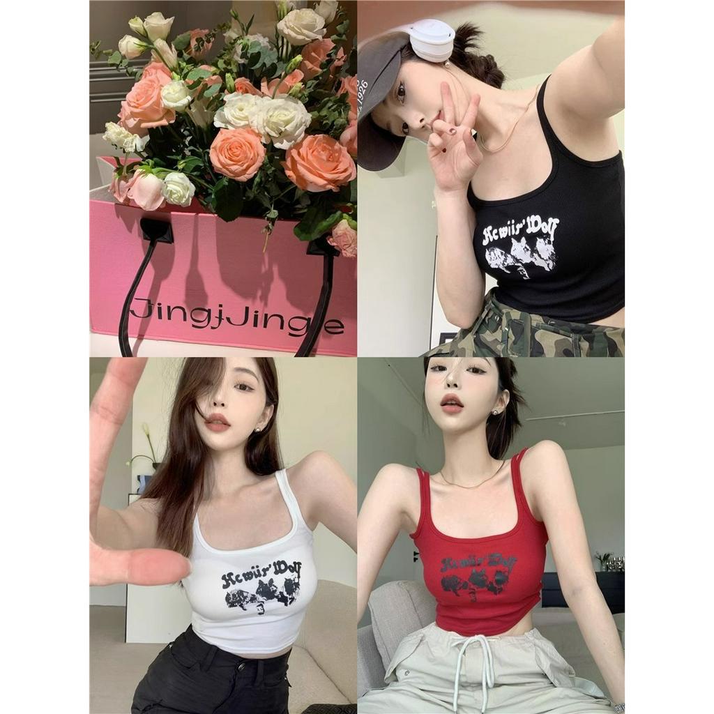QKOOLE Áo Croptop Hai Dây Dáng Ôm In Chữ Phong Cách Retro Thời Trang Mùa Hè Dành Cho Nữ