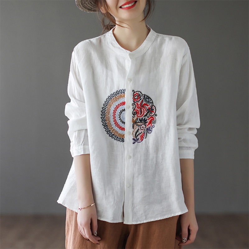 Ice cotton linen embroidery linen women's shirt long-sleeved blouse vintage a line brand counter cut label