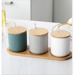 bộ 3 hũ đựng gia vị bằng gốm sứ màu siêu tối giản tặng kèm khay (hàng order)