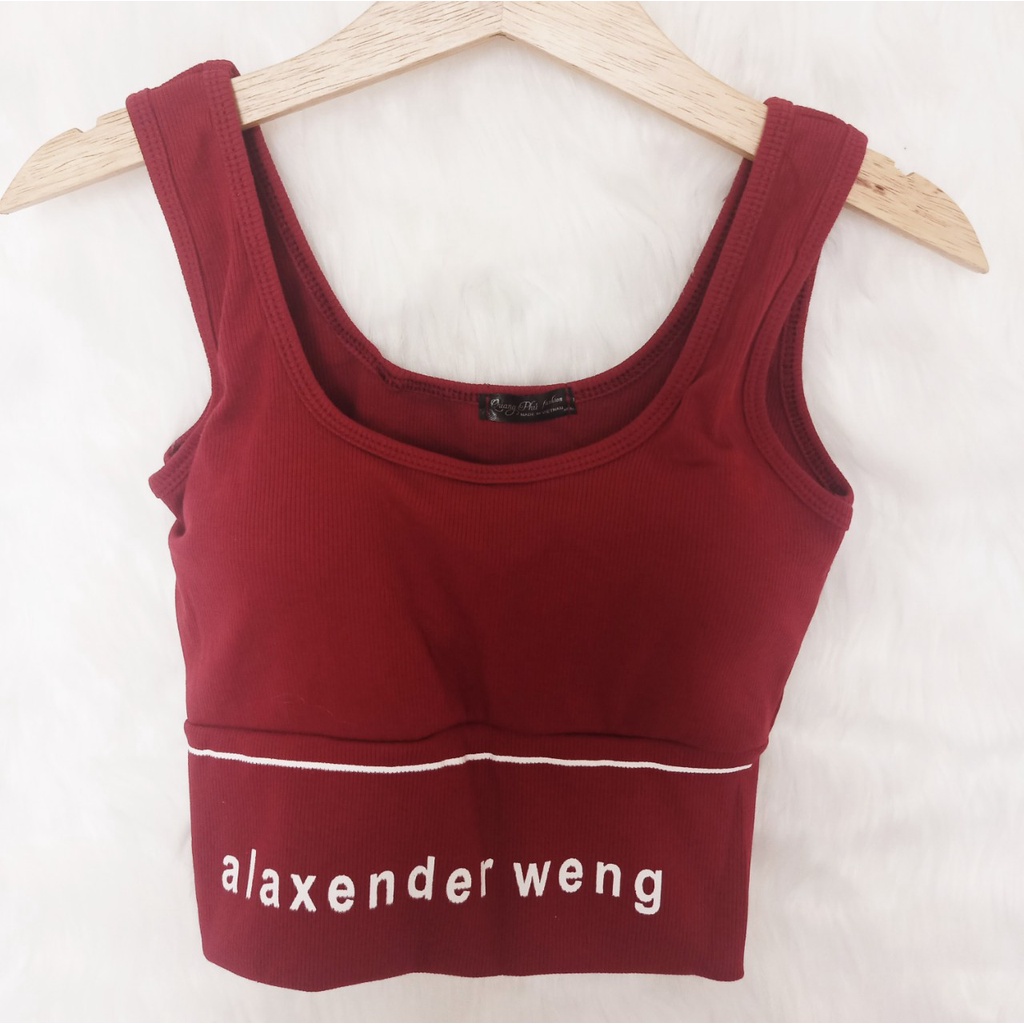 Áo Croptop kiểu có mút ngực in chữ alaxender weng, chất liệu thun gân tăm thoáng mát, thích hợp tập gym, đi dạo