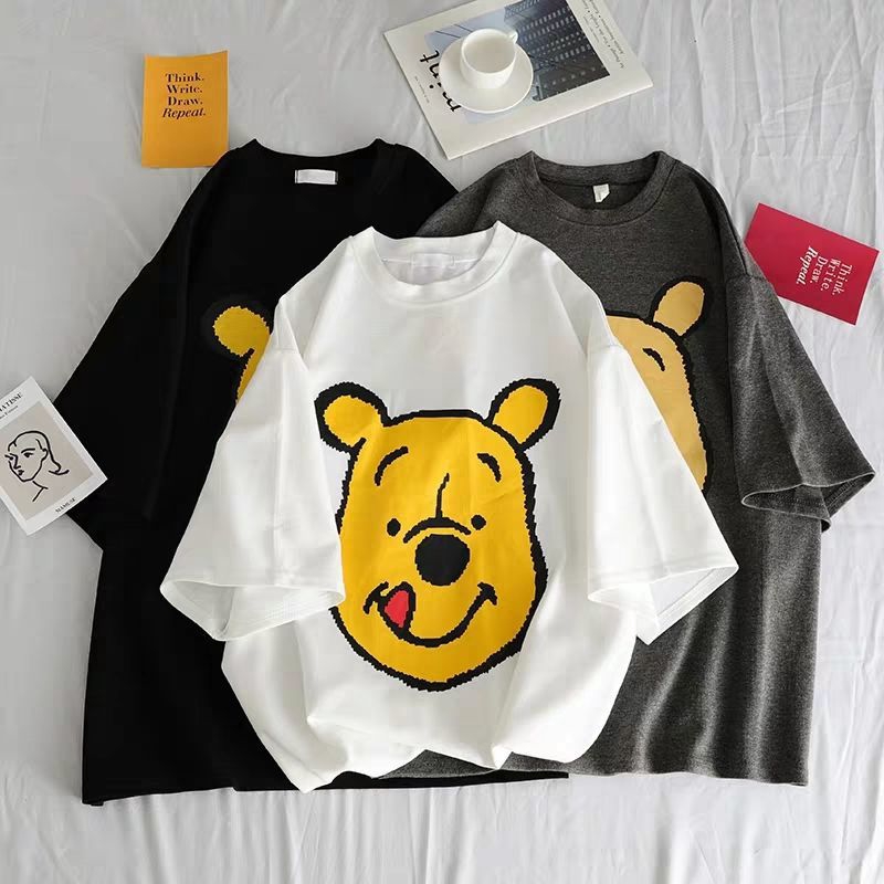 Ready Stock Hanwinnie Bear Printed Student Girl Round Neck Short Sleeve Lady Print Wide Simple Shirt Top