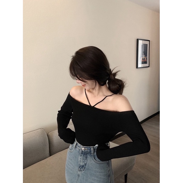 Áo thun len, áo trễ vai cách điệu chất liệu len tăm mềm mịn kiểu dáng ôm body hai màu đen trắng thời trang dành cho nữ