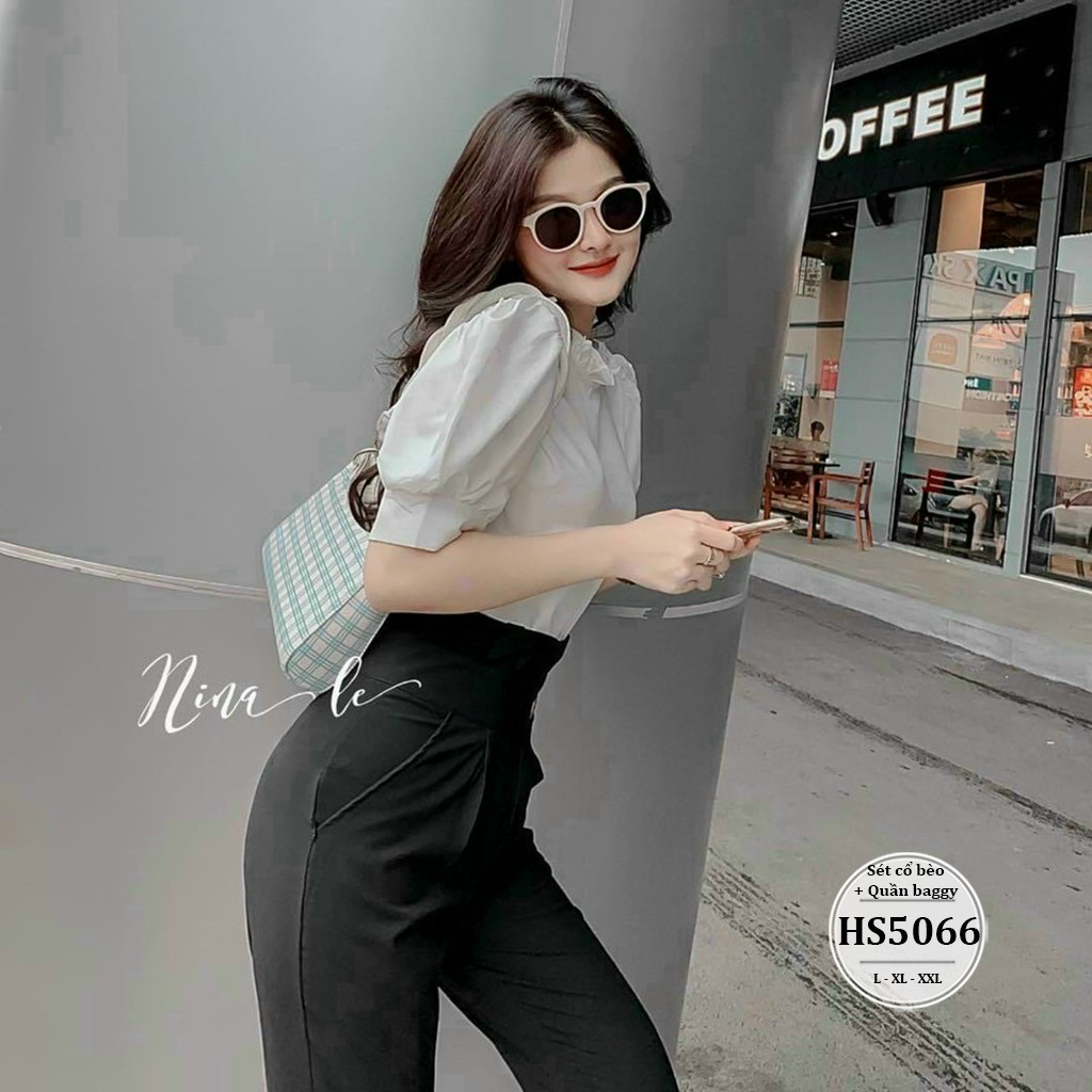 Set quần áo bigsize nữ: quần bigsize nữ baggy khóa kéo lưng bèo + áo bigsize nữ cổ bèo HS5066  - Size 55-90kg L XL XXL