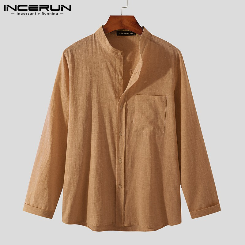 Áo sơ mi INCERUN cotton dài tay cổ đứng phối nút đơn giản thời trang dành cho nam