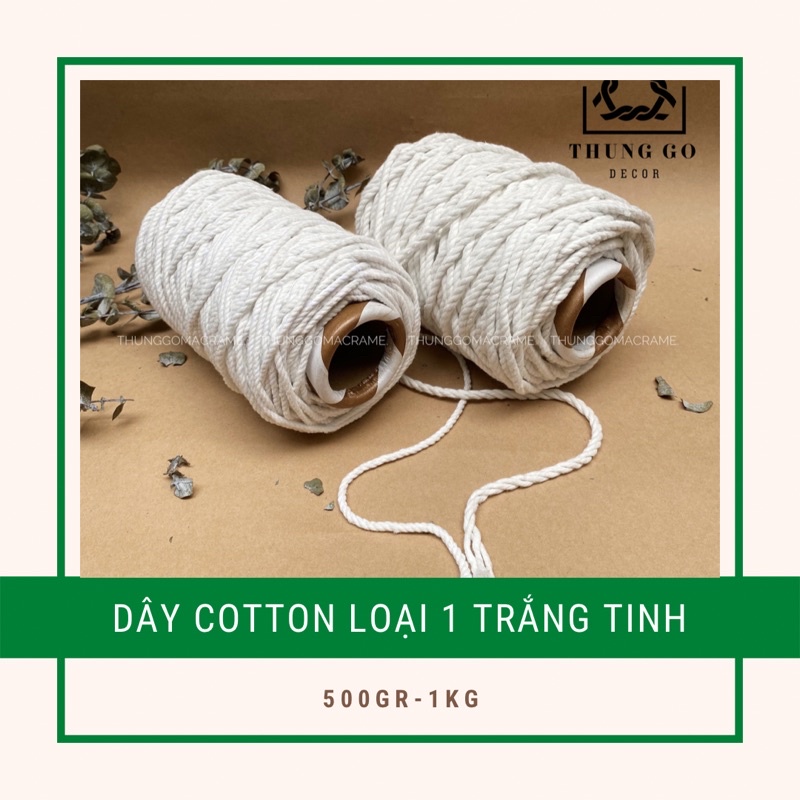 1kg dây thừng Macramé cotton 3mm, 5mm trắng tinh