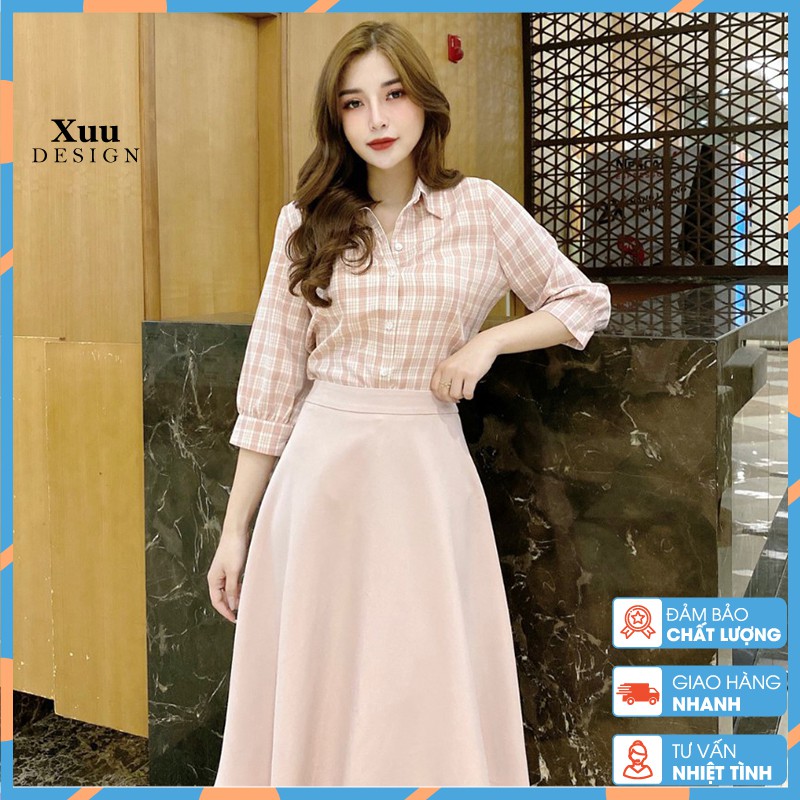 Áo sơ mi nữ tay lỡ Xuu Design, Áo sơ mi kiểu nữ kẻ caro Chất Vải Đẹp [Xu02 caro Hồng]