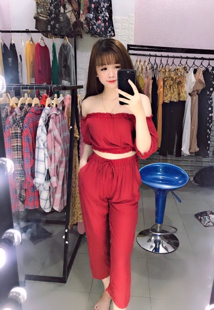 Set áo trễ vai quần lưng chun (hình thật+video)