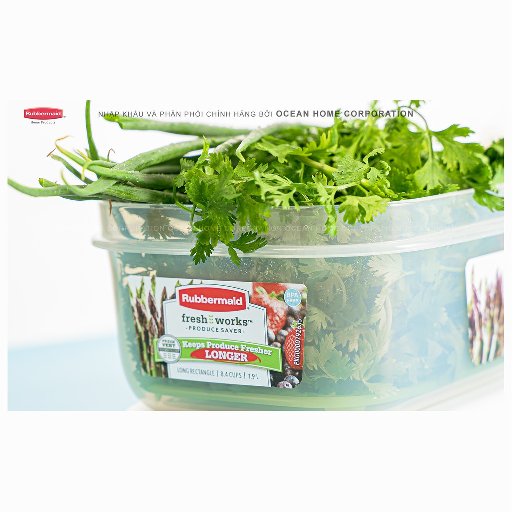 Hộp bảo quản rau củ quả RUBBERMAID có nắp màu xanh bằng nhựa nguyên sinh cao cấp loại 1,9L - Chính Hãng từ Mỹ