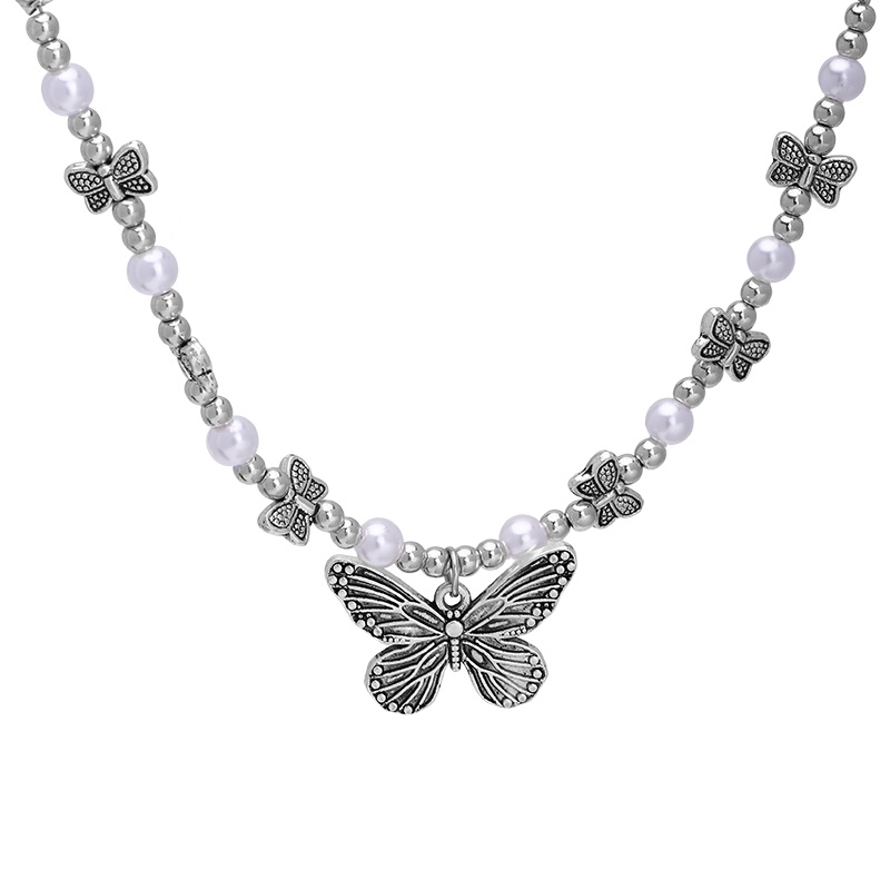 Vòng cổ Thép Titan Mặt Hình Bướm Đính Ngọc Trai Phong Cách Hip Hop