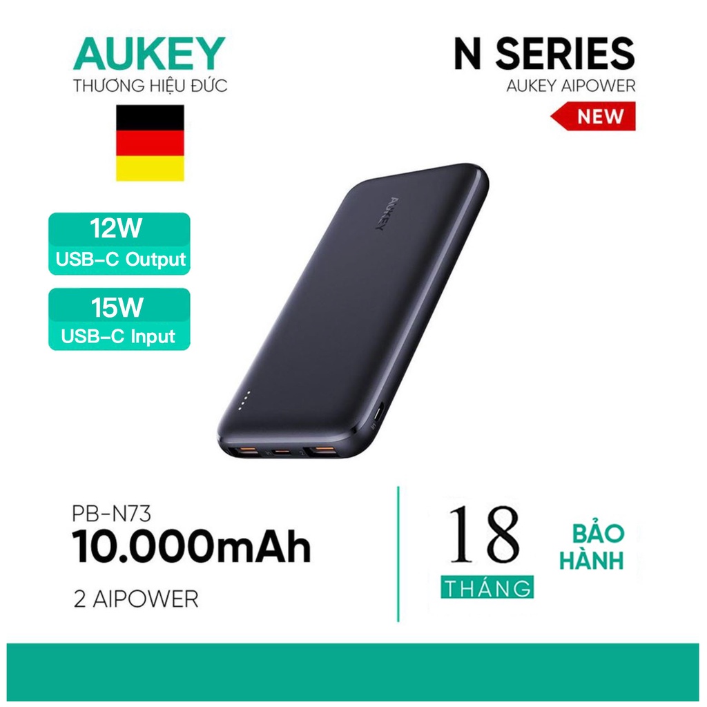 Pin Sạc Dự Phòng Aukey PB-N73 /N73S 10000mAh PD 18W 1C+1A,2 Cổng USB-C Sạc Nhanh PD 18W + USB-A QC 3.0 18W