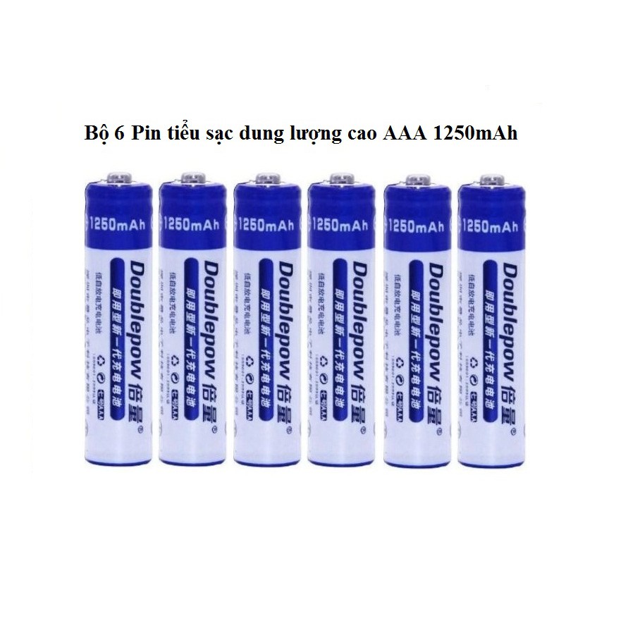 Combo Bộ sạc pin 6 khe đa năng + 6 viên pin sạc AA 1200 mAh + 6 pin sạc AAA 1250 mAh Doublepow