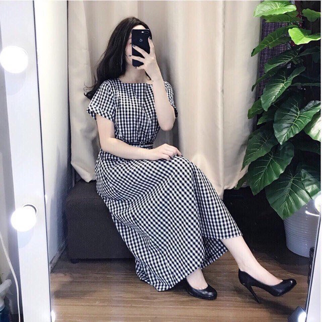 Đầm váy freesize caro form dài kèm belt