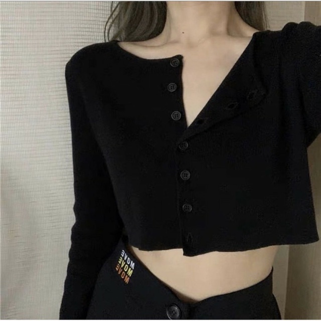 Áo Croptop Cổ Tim Tay Dài YAN Phối Khuy Unisex màu Trắng/Đen/Xanh/Tím