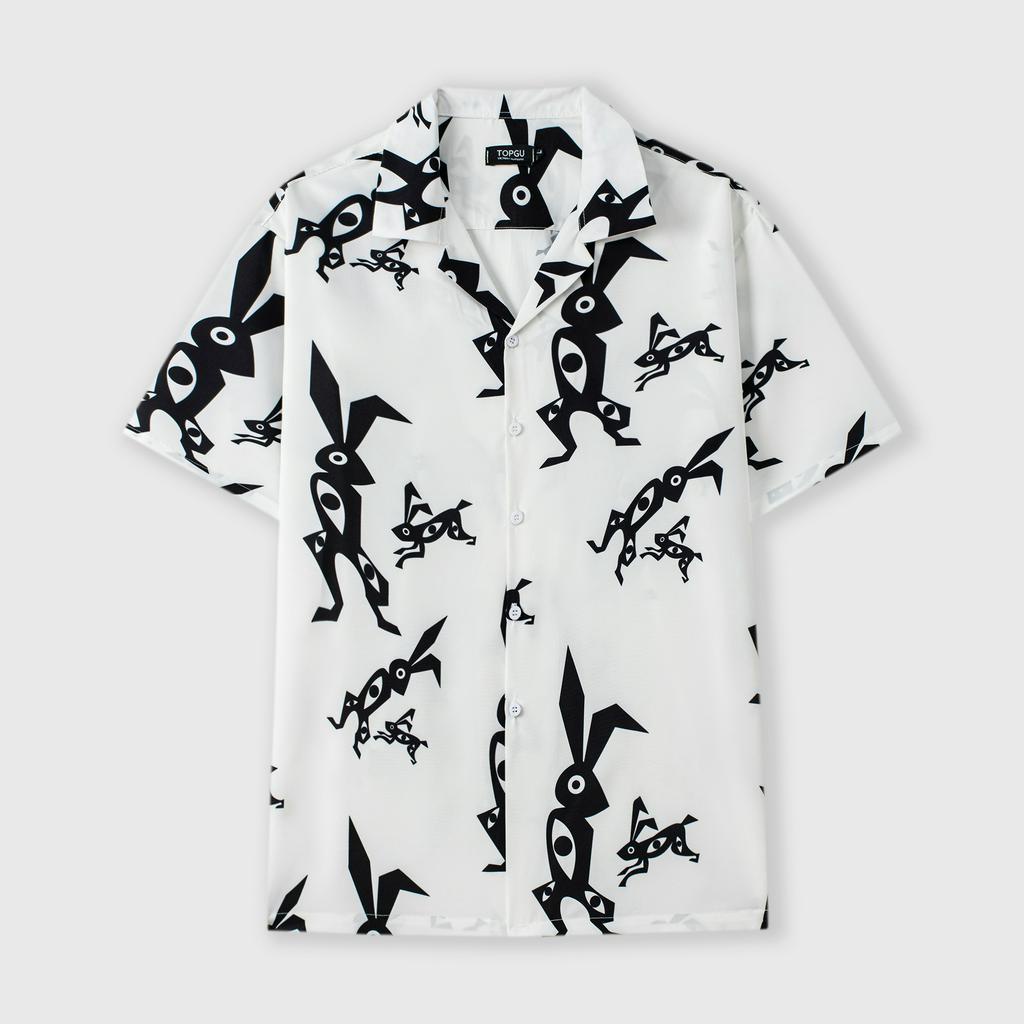 Áo sơ mi Cuban TOPGU họa tiết thỏ, vải lụa thoáng mát không nhăn, form regular